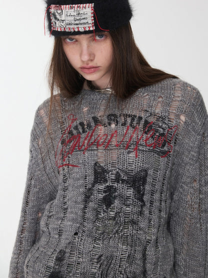 Icelandic Furry Animal Print Cut-Out Sweater Lazy Crew Neck Loose Knit Top【s0000014566】