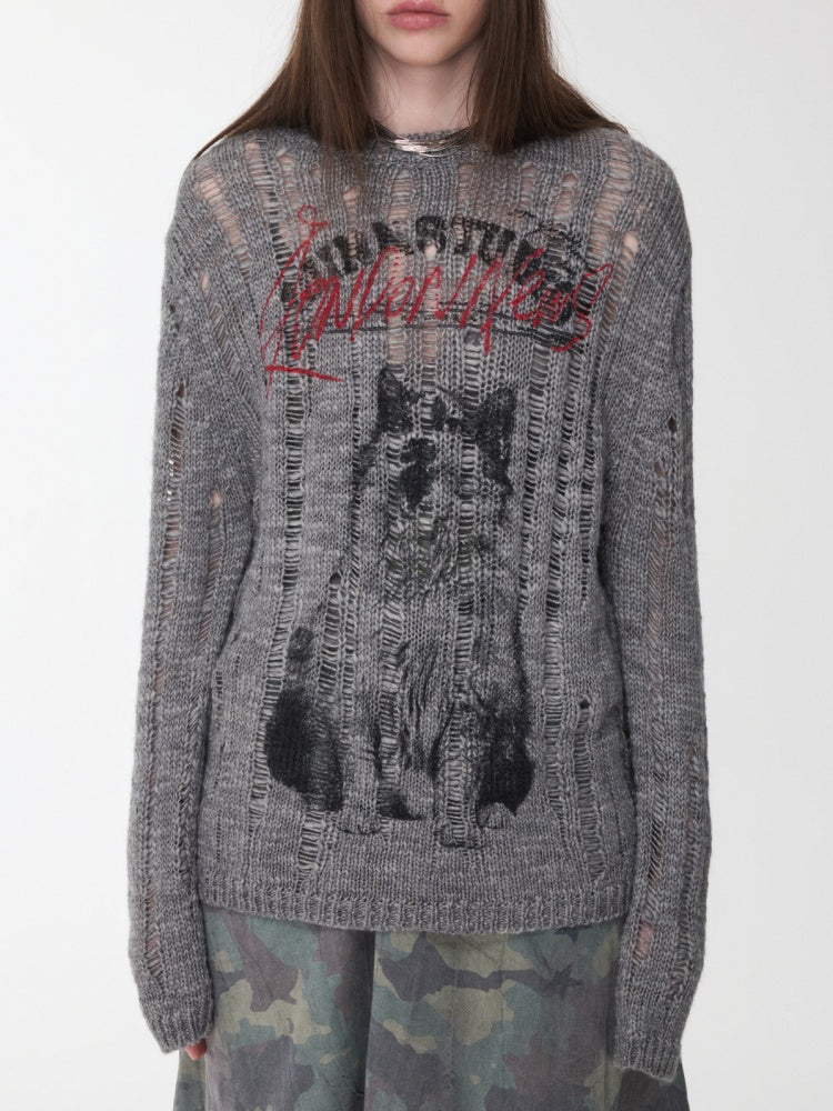 Icelandic Furry Animal Print Cut-Out Sweater Lazy Crew Neck Loose Knit Top【s0000014566】
