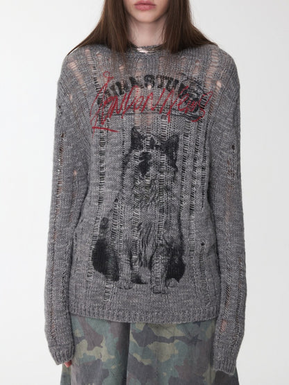 Icelandic Furry Animal Print Cut-Out Sweater Lazy Crew Neck Loose Knit Top【s0000014566】