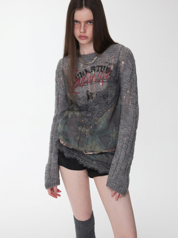 Icelandic Furry Animal Print Cut-Out Sweater Lazy Crew Neck Loose Knit Top【s0000014566】