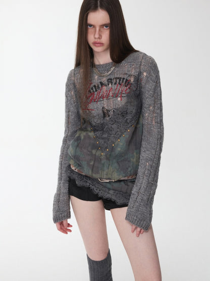 Icelandic Furry Animal Print Cut-Out Sweater Lazy Crew Neck Loose Knit Top【s0000014566】