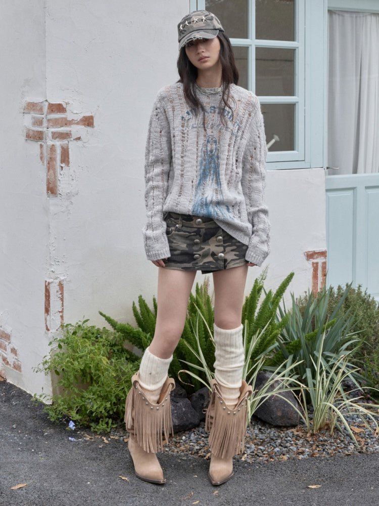 Icelandic Furry Animal Print Cut-Out Sweater Lazy Crew Neck Loose Knit Top【s0000014566】