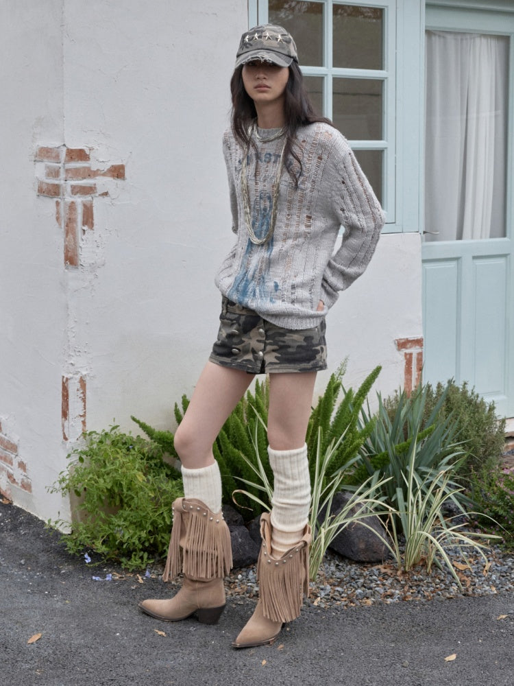 Icelandic Furry Animal Print Cut-Out Sweater Lazy Crew Neck Loose Knit Top【s0000014566】