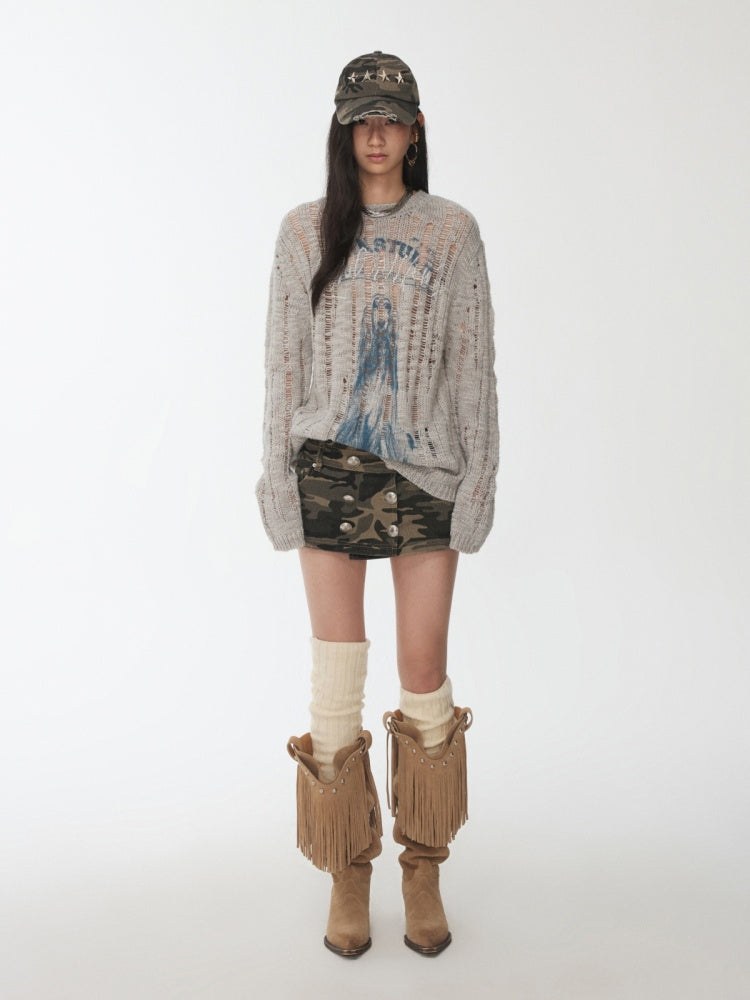Icelandic Furry Animal Print Cut-Out Sweater Lazy Crew Neck Loose Knit Top【s0000014566】