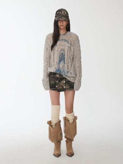 Icelandic Furry Animal Print Cut-Out Sweater Lazy Crew Neck Loose Knit Top【s0000014566】