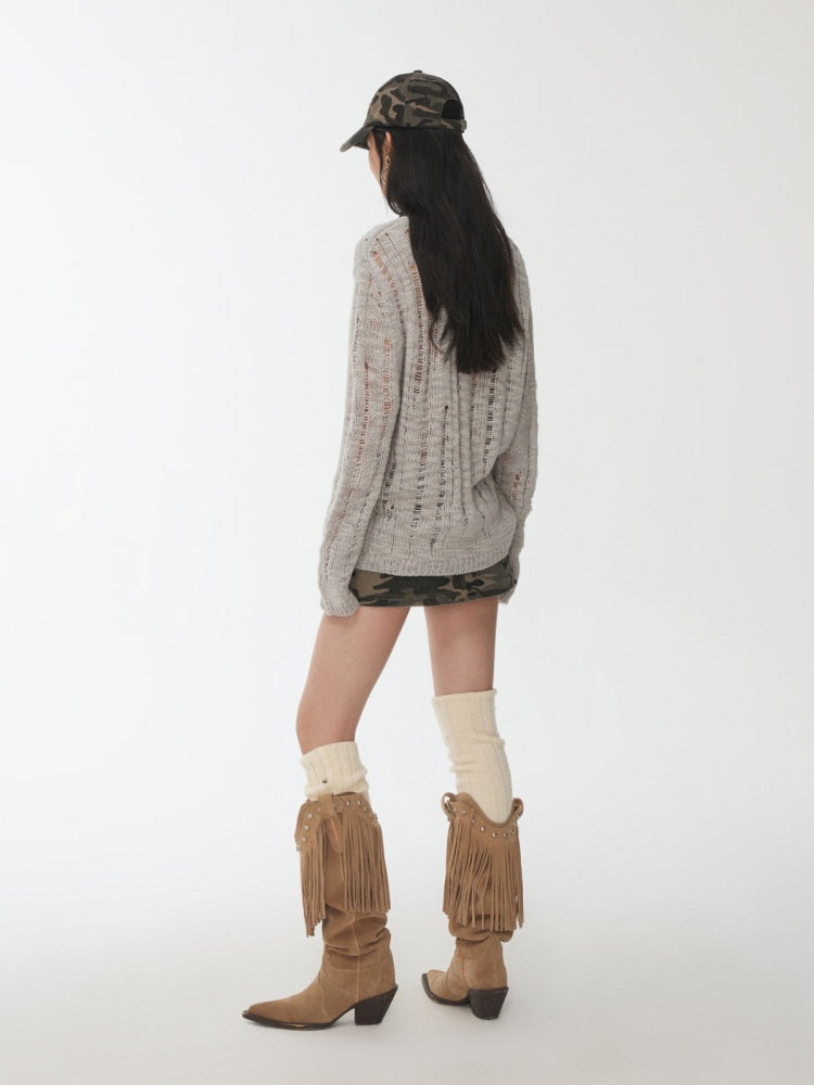 Icelandic Furry Animal Print Cut-Out Sweater Lazy Crew Neck Loose Knit Top【s0000014566】