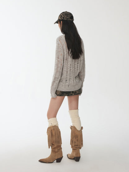 Icelandic Furry Animal Print Cut-Out Sweater Lazy Crew Neck Loose Knit Top【s0000014566】