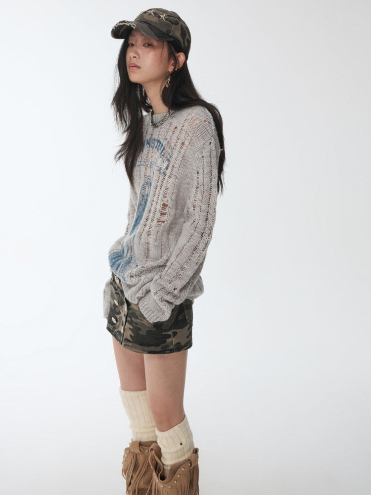 Icelandic Furry Animal Print Cut-Out Sweater Lazy Crew Neck Loose Knit Top【s0000014566】