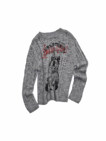 Icelandic Furry Animal Print Cut-Out Sweater Lazy Crew Neck Loose Knit Top【s0000014566】