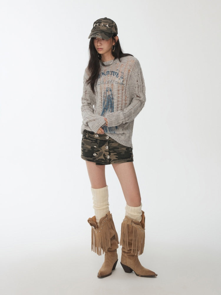 Icelandic Furry Animal Print Cut-Out Sweater Lazy Crew Neck Loose Knit Top【s0000014566】