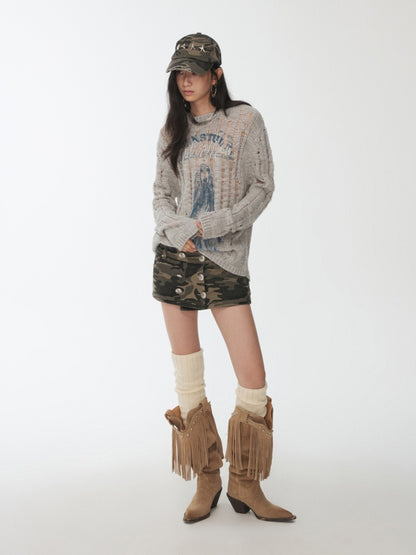 Icelandic Furry Animal Print Cut-Out Sweater Lazy Crew Neck Loose Knit Top【s0000014566】