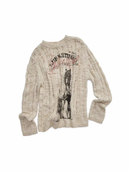 Icelandic Furry Animal Print Cut-Out Sweater Lazy Crew Neck Loose Knit Top【s0000014566】