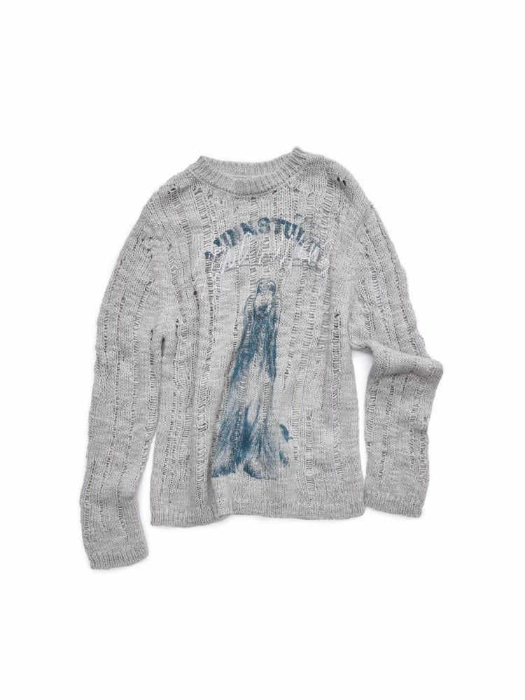 Icelandic Furry Animal Print Cut-Out Sweater Lazy Crew Neck Loose Knit Top【s0000014566】