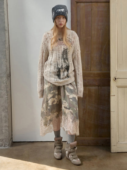 Icelandic Furry Animal Print Cut-Out Sweater Lazy Crew Neck Loose Knit Top【s0000014566】