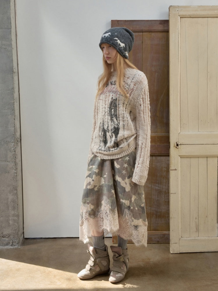 Icelandic Furry Animal Print Cut-Out Sweater Lazy Crew Neck Loose Knit Top【s0000014566】