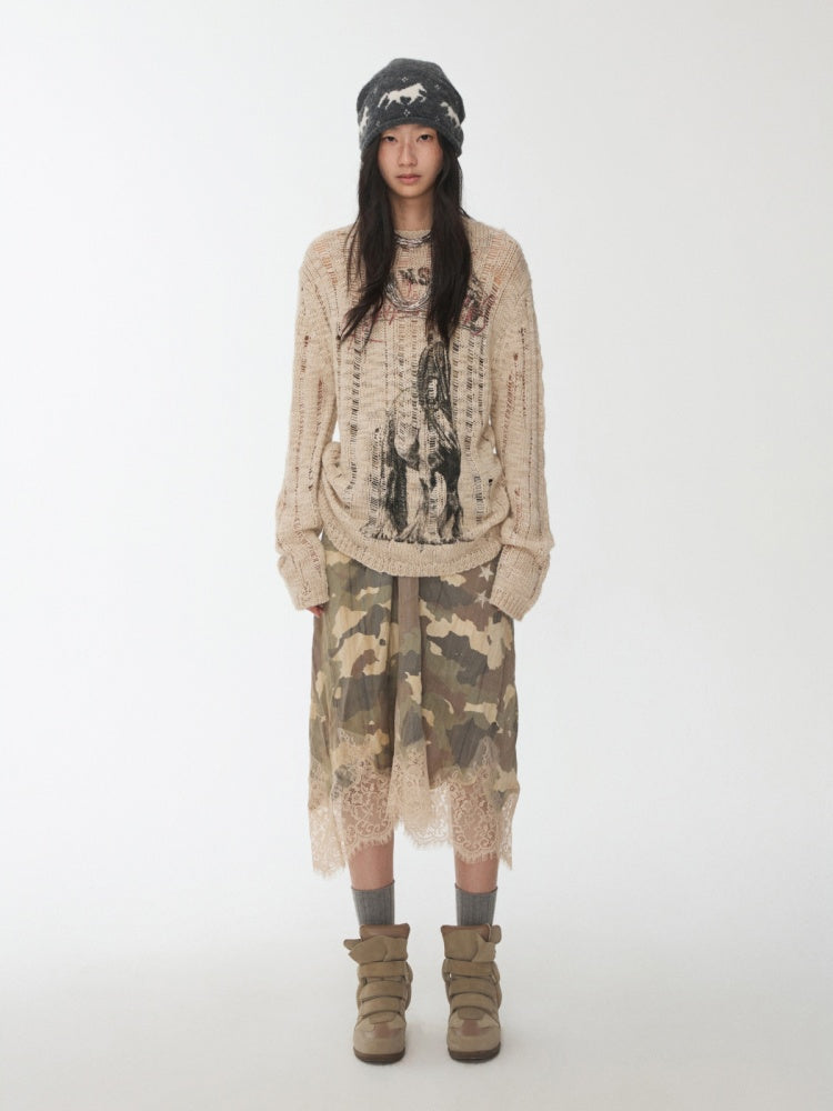Icelandic Furry Animal Print Cut-Out Sweater Lazy Crew Neck Loose Knit Top【s0000014566】