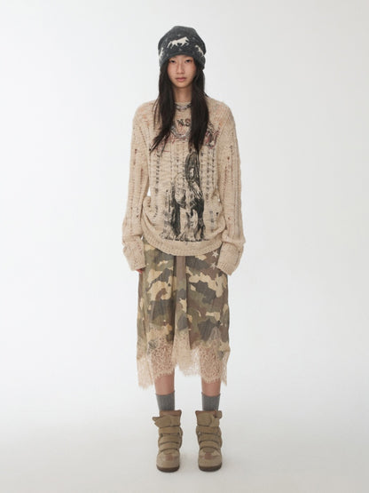 Icelandic Furry Animal Print Cut-Out Sweater Lazy Crew Neck Loose Knit Top【s0000014566】