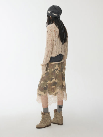 Icelandic Furry Animal Print Cut-Out Sweater Lazy Crew Neck Loose Knit Top【s0000014566】