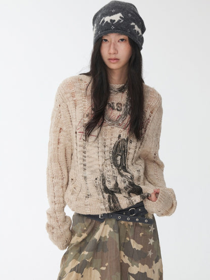 Icelandic Furry Animal Print Cut-Out Sweater Lazy Crew Neck Loose Knit Top【s0000014566】
