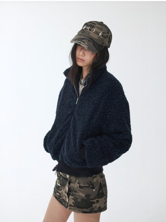 Solid Color Stand Collar Lamb Wool Ripped Threaded Slim Warm Short Jacket【s0000014567】
