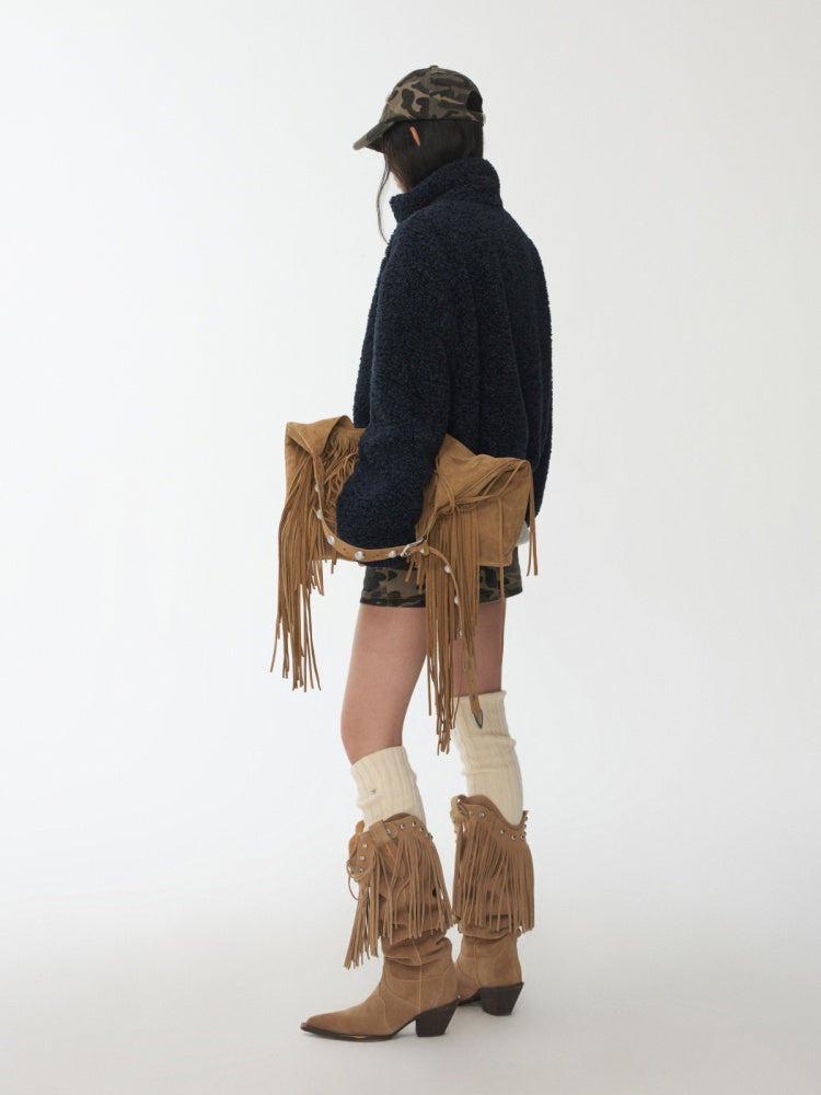 Solid Color Stand Collar Lamb Wool Ripped Threaded Slim Warm Short Jacket【s0000014567】