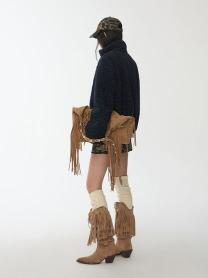 Solid Color Stand Collar Lamb Wool Ripped Threaded Slim Warm Short Jacket【s0000014567】