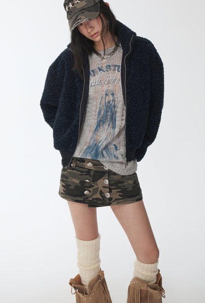 Solid Color Stand Collar Lamb Wool Ripped Threaded Slim Warm Short Jacket【s0000014567】