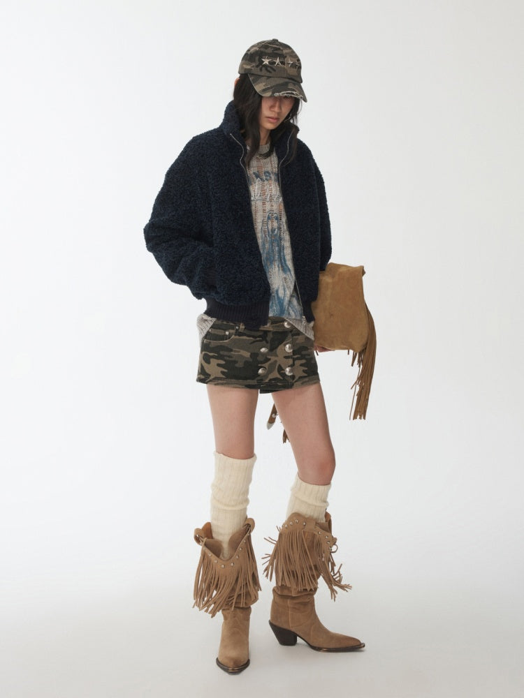 Solid Color Stand Collar Lamb Wool Ripped Threaded Slim Warm Short Jacket【s0000014567】