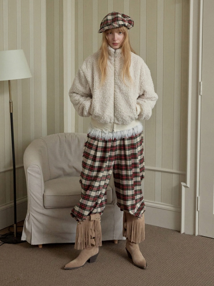 Solid Color Stand Collar Lamb Wool Ripped Threaded Slim Warm Short Jacket【s0000014567】