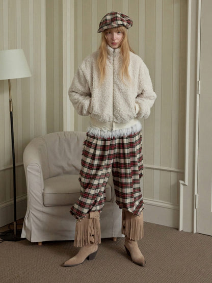 Solid Color Stand Collar Lamb Wool Ripped Threaded Slim Warm Short Jacket【s0000014567】