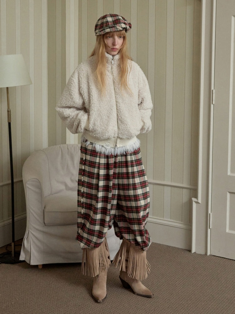 Solid Color Stand Collar Lamb Wool Ripped Threaded Slim Warm Short Jacket【s0000014567】