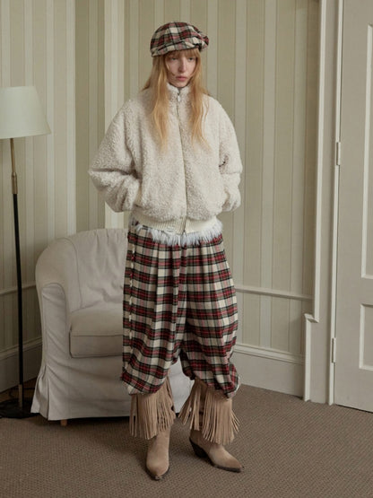 Solid Color Stand Collar Lamb Wool Ripped Threaded Slim Warm Short Jacket【s0000014567】