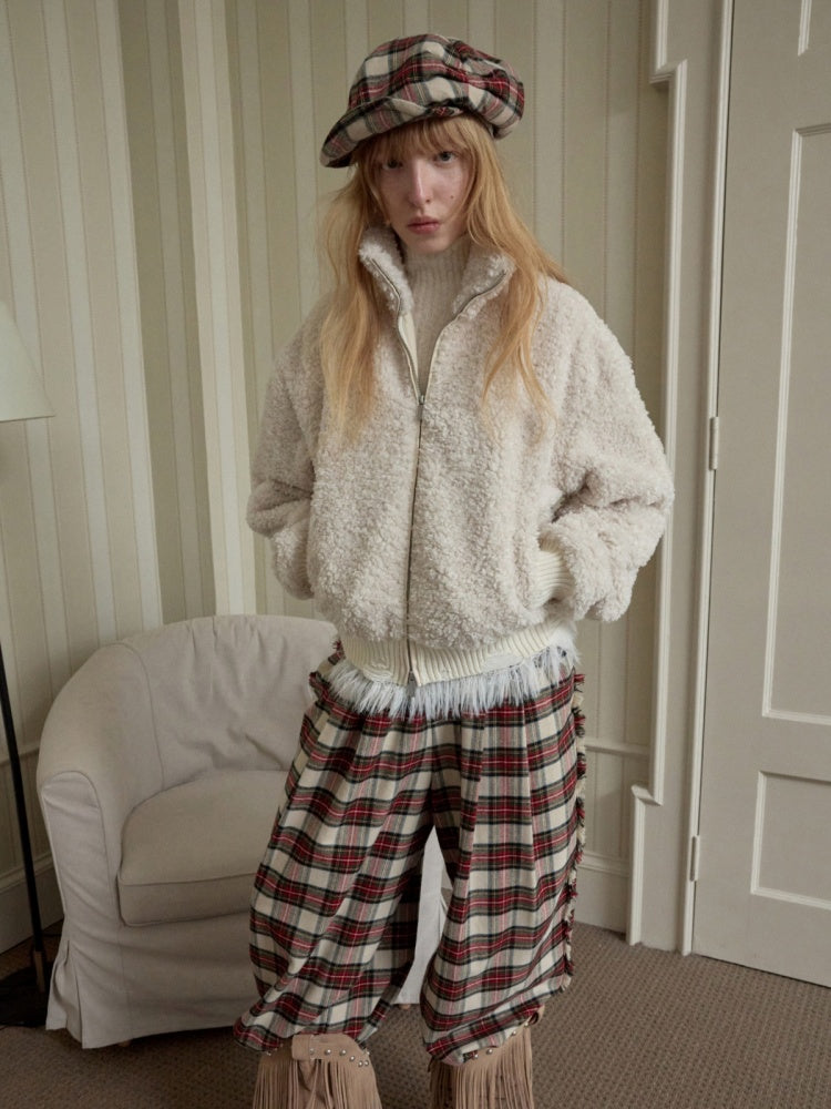 Solid Color Stand Collar Lamb Wool Ripped Threaded Slim Warm Short Jacket【s0000014567】