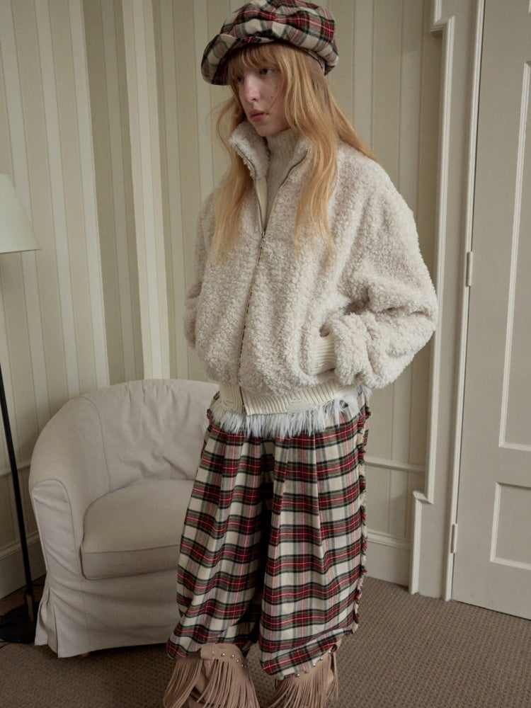 Solid Color Stand Collar Lamb Wool Ripped Threaded Slim Warm Short Jacket【s0000014567】