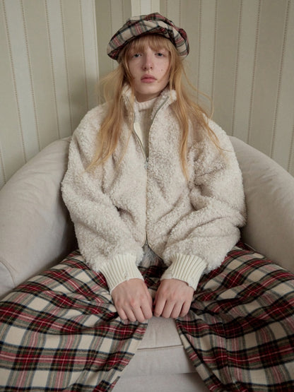 Solid Color Stand Collar Lamb Wool Ripped Threaded Slim Warm Short Jacket【s0000014567】