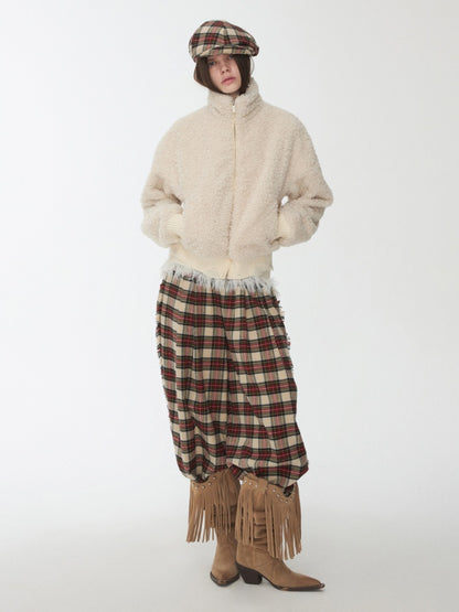 Solid Color Stand Collar Lamb Wool Ripped Threaded Slim Warm Short Jacket【s0000014567】