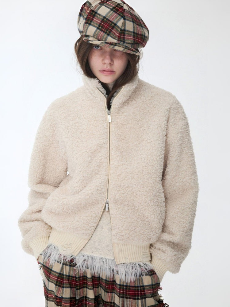 Solid Color Stand Collar Lamb Wool Ripped Threaded Slim Warm Short Jacket【s0000014567】
