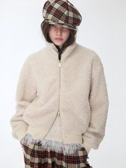 Solid Color Stand Collar Lamb Wool Ripped Threaded Slim Warm Short Jacket【s0000014567】
