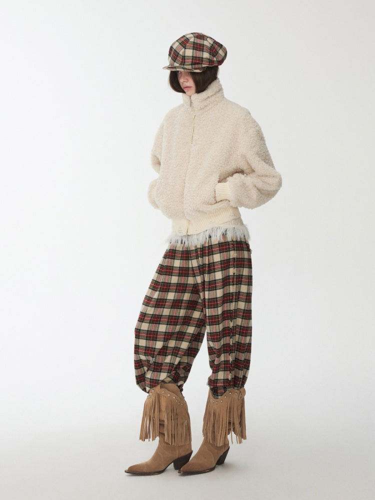 Solid Color Stand Collar Lamb Wool Ripped Threaded Slim Warm Short Jacket【s0000014567】