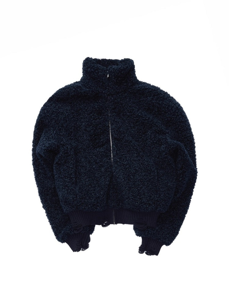 Solid Color Stand Collar Lamb Wool Ripped Threaded Slim Warm Short Jacket【s0000014567】