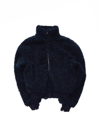 Solid Color Stand Collar Lamb Wool Ripped Threaded Slim Warm Short Jacket【s0000014567】