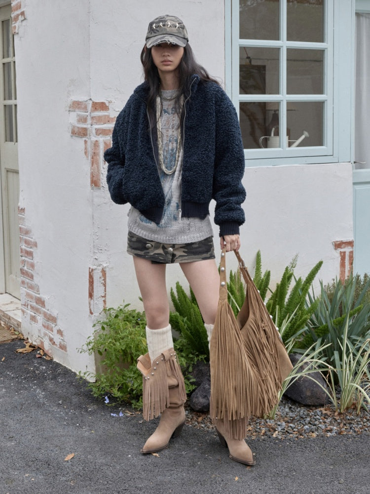 Solid Color Stand Collar Lamb Wool Ripped Threaded Slim Warm Short Jacket【s0000014567】