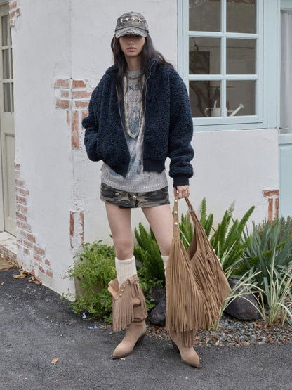 Solid Color Stand Collar Lamb Wool Ripped Threaded Slim Warm Short Jacket【s0000014567】