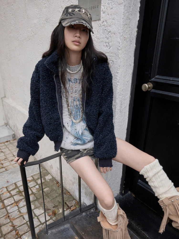 Solid Color Stand Collar Lamb Wool Ripped Threaded Slim Warm Short Jacket【s0000014567】
