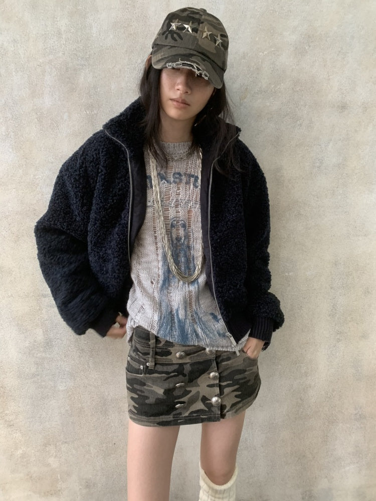Solid Color Stand Collar Lamb Wool Ripped Threaded Slim Warm Short Jacket【s0000014567】