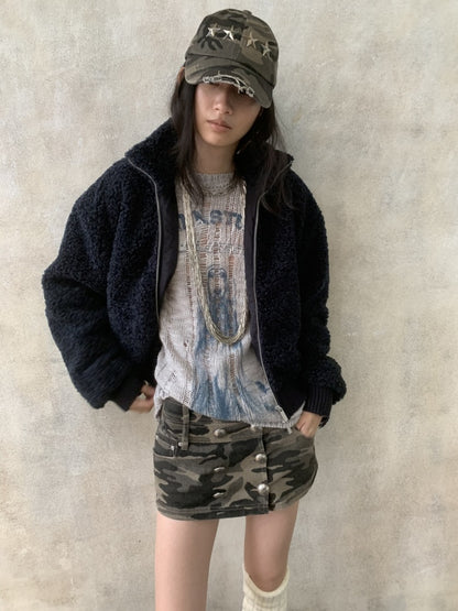 Solid Color Stand Collar Lamb Wool Ripped Threaded Slim Warm Short Jacket【s0000014567】