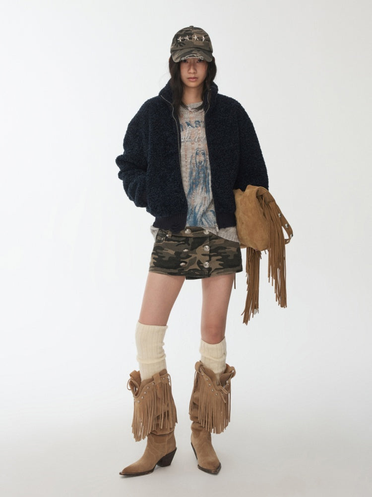 Solid Color Stand Collar Lamb Wool Ripped Threaded Slim Warm Short Jacket【s0000014567】