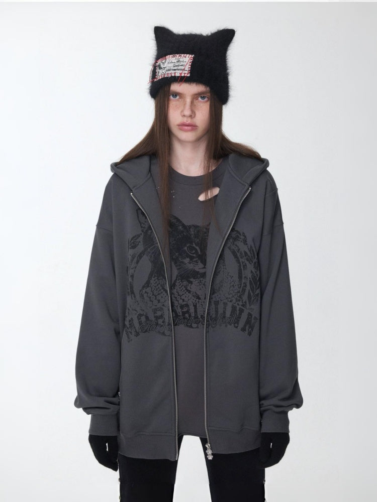 Cat Print Double Zipper Dropped Shoulder Straight Sweatshirt Long-Sleeved Casual Jackets【s0000014568】