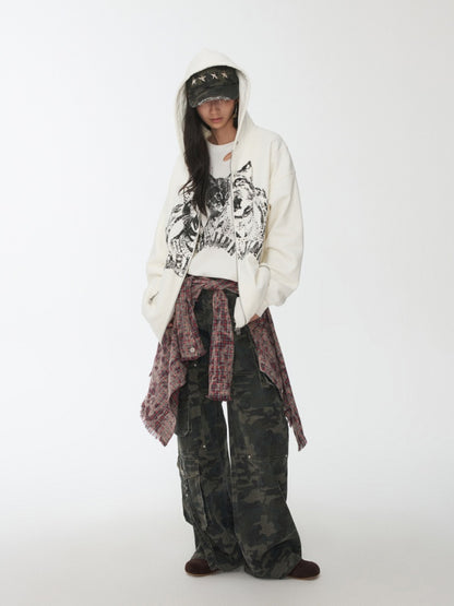 Cat Print Double Zipper Dropped Shoulder Straight Sweatshirt Long-Sleeved Casual Jackets【s0000014568】