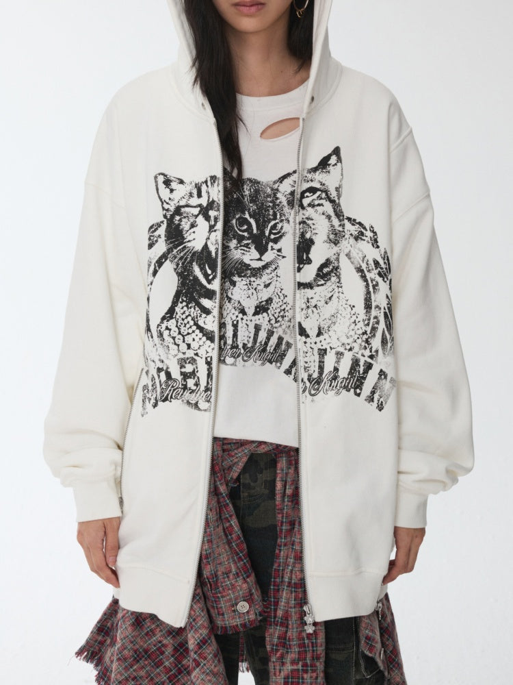 Cat Print Double Zipper Dropped Shoulder Straight Sweatshirt Long-Sleeved Casual Jackets【s0000014568】